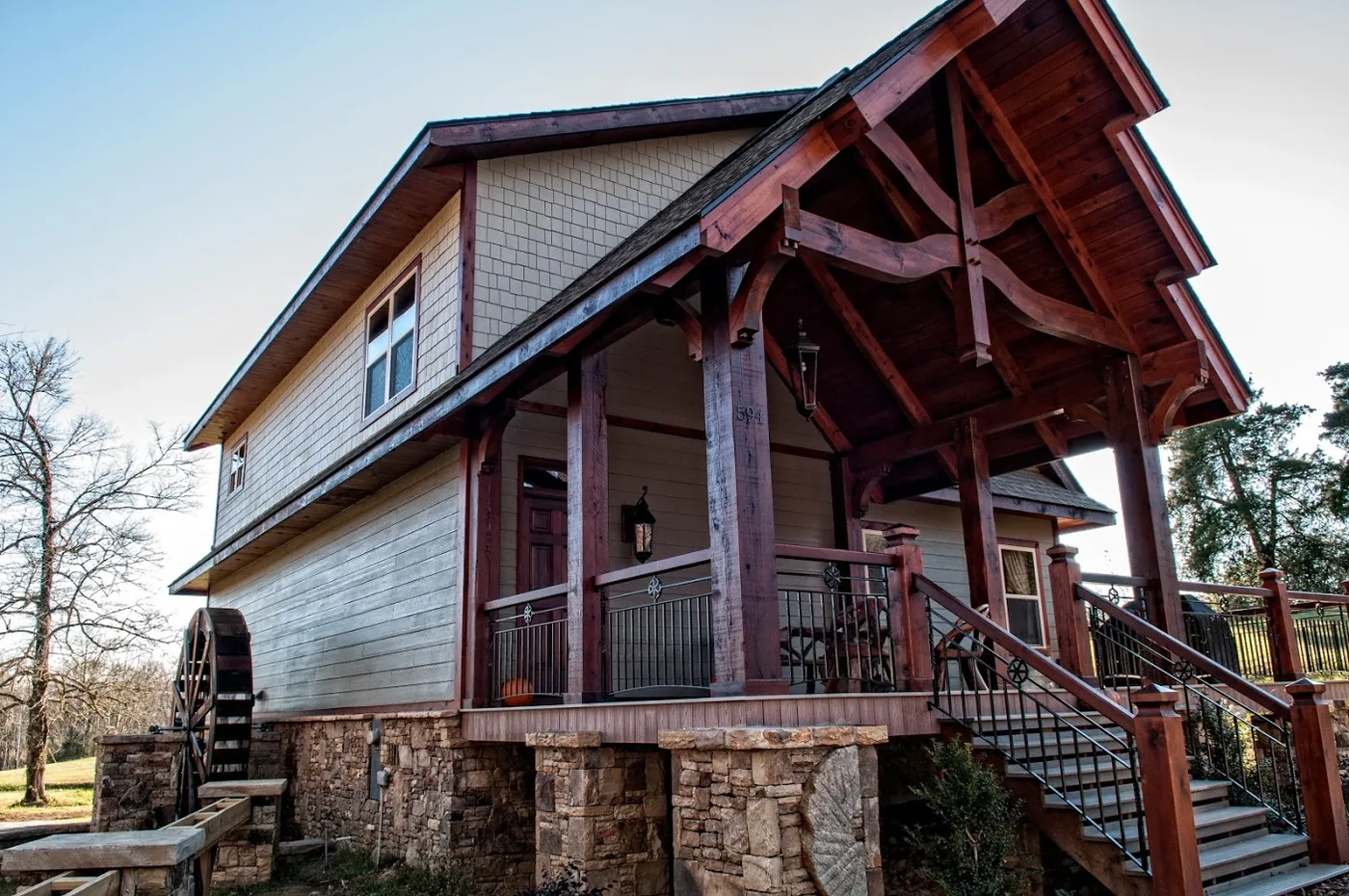 Covered porch and timber-framed entrance at The Millhouse Lodge